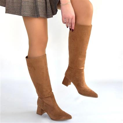 Roksa Taba Süet Topuklu Çizme