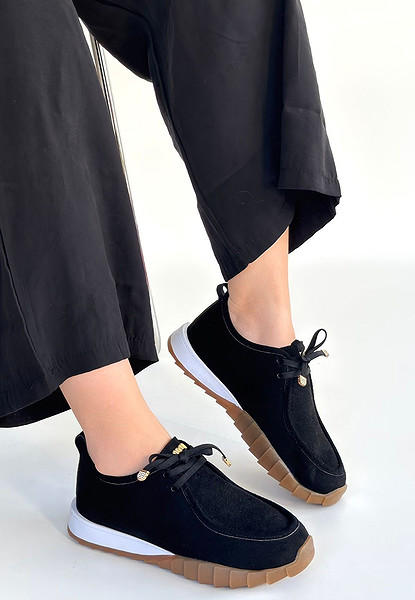 Sier Siyah Süet Bağcıklı Spor Ayakkabı