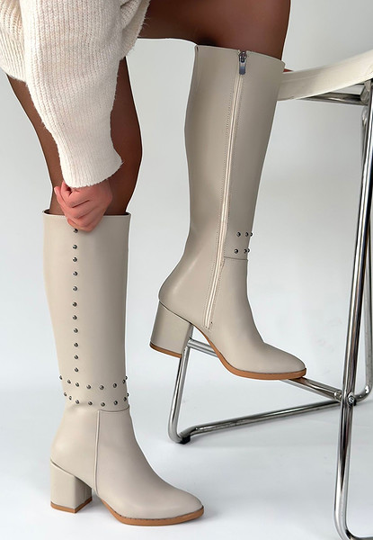 Tiyan Bej Cilt Topuklu Çizme