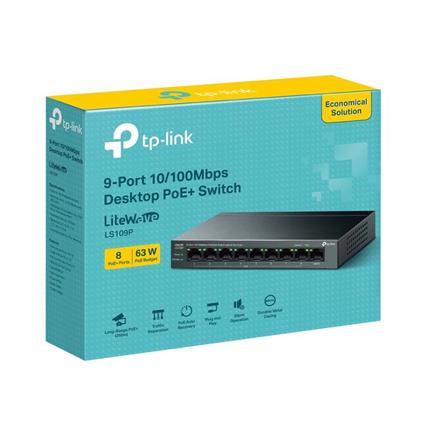 TP-Lınk LS109P 8 Port 10/100 +1 Port RJ45 Uplınk 63W 250 Metre Poe Mesafe Metal Kasa Swıtch