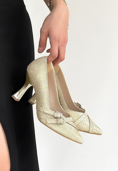 Wenda Gold Simli Cilt Topuklu Ayakkabı
