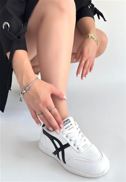 Zlay Beyaz Cilt Siyah Detaylı Bağcıklı Spor Ayakkabı