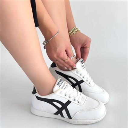 Zlay Beyaz Cilt Siyah Detaylı Bağcıklı Spor Ayakkabı