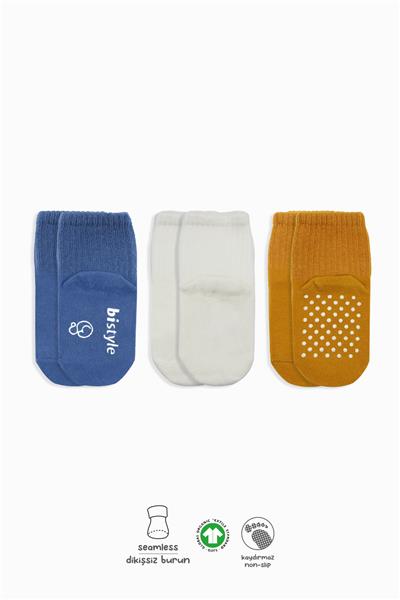 Bistyle Basic Kaymaz Penye Soket Çorap 3'Lü BS10106 İndigo Ekru Hardal