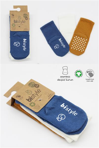 Bistyle Basic Kaymaz Penye Soket Çorap 3'Lü BS10106 İndigo Ekru Hardal