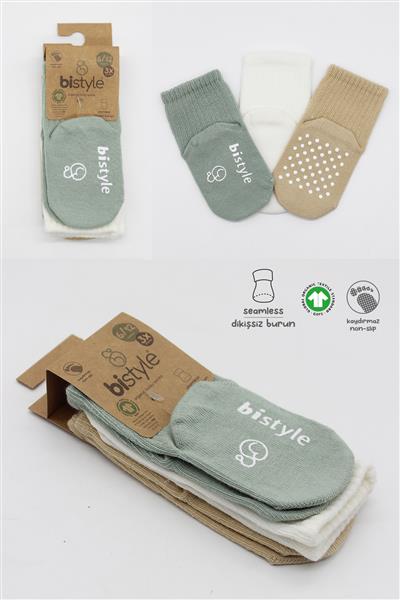 Bistyle Basic Kaymaz Penye Soket Çorap 3'Lü BS10106 Nil Ekru Bej