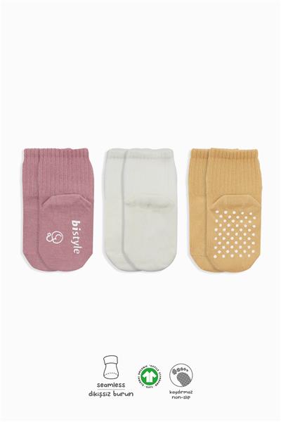 Bistyle Basic Kaymaz Penye Soket Çorap 3'Lü BS10106 Pudra Ekru Somon