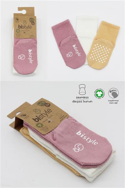 Bistyle Basic Kaymaz Penye Soket Çorap 3'Lü BS10106 Pudra Ekru Somon