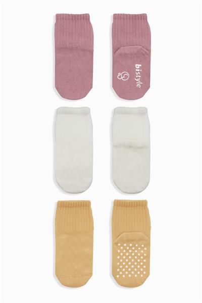 Bistyle Basic Kaymaz Penye Soket Çorap 3'Lü BS10106 Pudra Ekru Somon