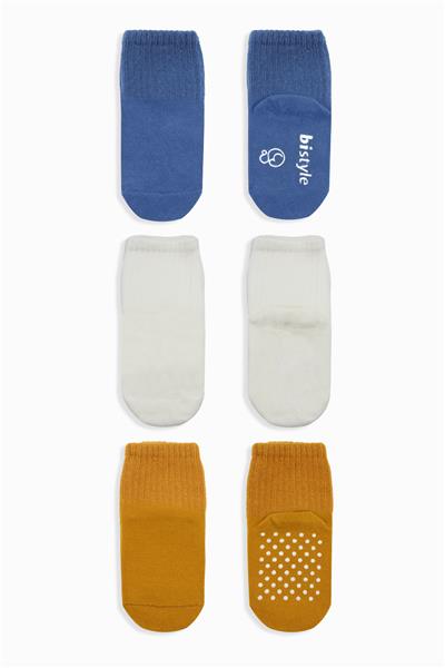 Bistyle 3Lü Basic Kaymaz Penye Soket Çorap 10107 İndigo Ekru Hardal