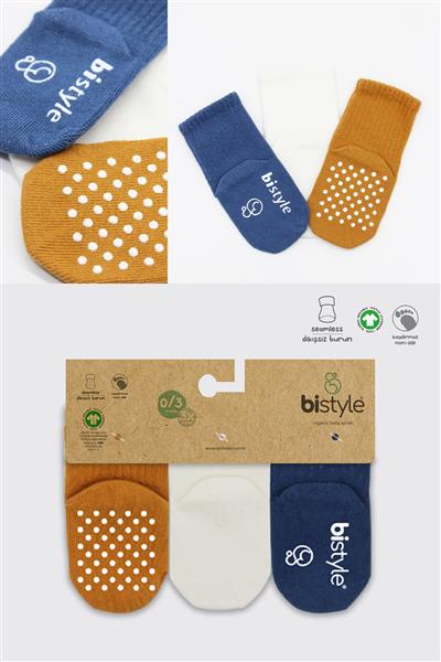 Bistyle 3Lü Basic Kaymaz Penye Soket Çorap 10107 İndigo Ekru Hardal