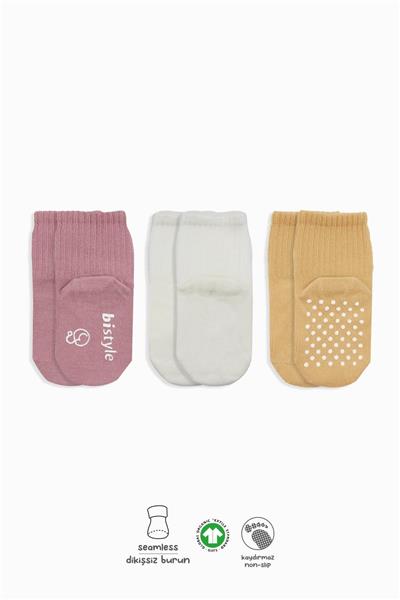 Bistyle 3Lü Basic Kaymaz Penye Soket Çorap 10107 Pudra Ekru Somon