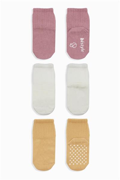 Bistyle 3Lü Basic Kaymaz Penye Soket Çorap 10107 Pudra Ekru Somon
