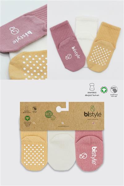Bistyle 3Lü Basic Kaymaz Penye Soket Çorap 10107 Pudra Ekru Somon