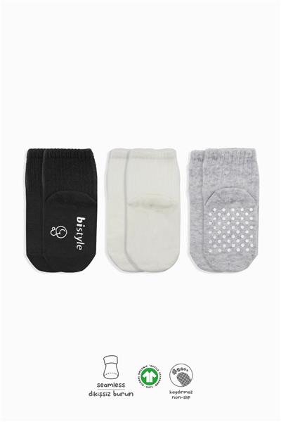 Bistyle 3Lü Basic Kaymaz Penye Soket Çorap 10107 Siyah Ekru Gri
