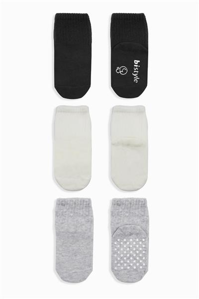 Bistyle 3Lü Basic Kaymaz Penye Soket Çorap 10107 Siyah Ekru Gri