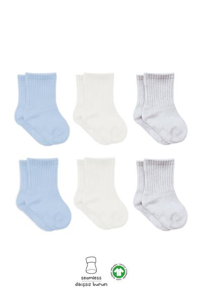 Bistyle 6'Lı Basic Penye Soket Çorap 10101 Mavi Ekru Gri