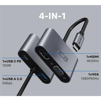 Inca Itpc-06T Type-C Hub X4 Hdmı 4K@30 Hz+ Vga+ Usb 3.0+PD 100W Alumınyum Kasa Çoklayıcı