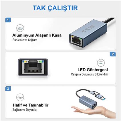 Inca Iutp-01T Usb 3.0 Type-C 3.1 Ethernet RJ45 1000Mbps Alumınyum Kasa