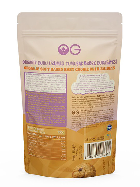 OG Natural Organik Kuru Üzümlü Yumuşak Bebek Kurabiyesi 125G