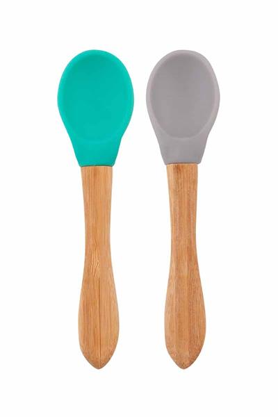 Oioi Bambu Saplı Silikon Mama Kaşığı 2Li Aqua Green / Powder Grey