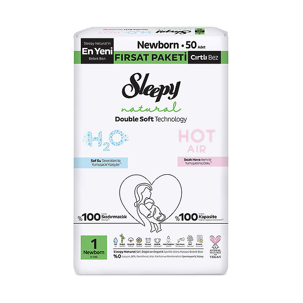 Sleepy Natural Double Soft Bebek Bezi Fırsat Paketi 1 Beden 50 Adet
